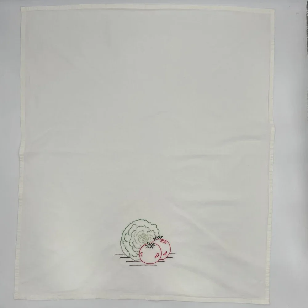 Embroidered Tea‎ Towel Oversize Tomato Lettuce Produce Vegetables White Kitchen